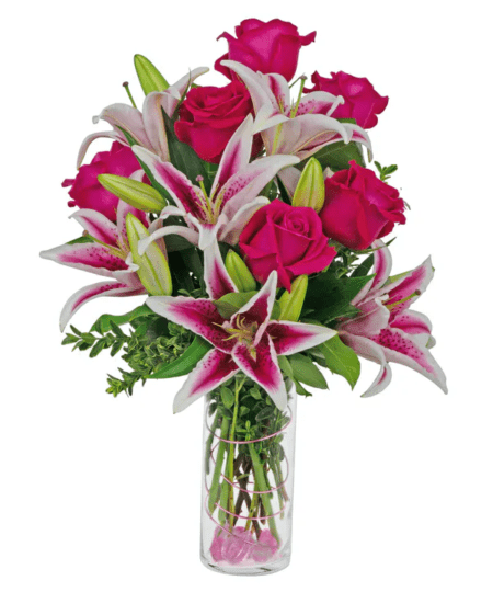 Reflections of Love is a stylish bouquet and always a best seller, and it's now available in four color choices. Roses are combined with stargazer lilies in a cylinder vase, and decorated with wire and gemstones. Elegantly simple, stylish, and very fragrant. The Standard version contains 6 roses and lilies, the Deluxe has 9 roses with lilies.