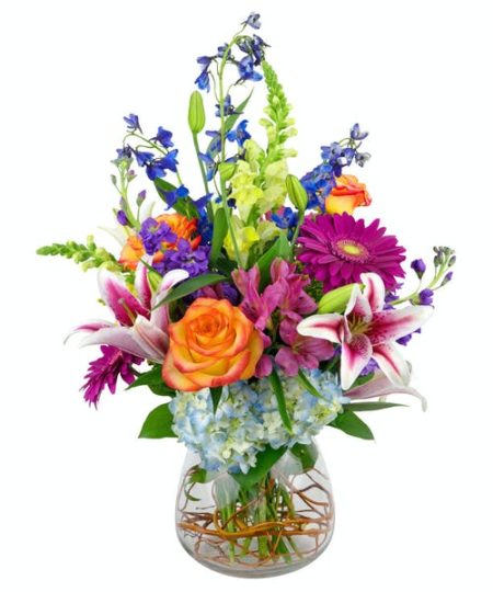 Charming Beauty is overflowing with a variety of colors and flowers. Hydrangea, delphinium, snapdragons, alstromeria, stargazer lilies, stock, gerber daisies, roses and more in a rainbow of colors. The large vase is lined with curly willow and makes an impressive presentation. This item is a Zeidler's Flowers unique design and may vary for nationwide delivery.