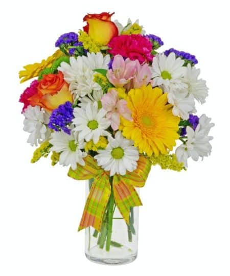 A variety of colors and flowers make Happy Thoughts a good choice to send for any occasion, or none at all. Pink, white, and yellow with touches of hot pink, purple and green...the flowers are arranged in a clear glass cylinder vase and tied with a colorful coordinating ribbon...made fresh for your delivery.
