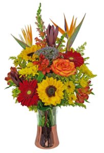 alstroemeria and sunflowers with roses in vase