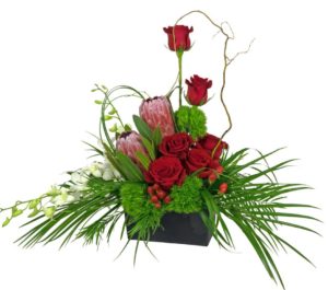 king proteas with red roses and tropical greenery