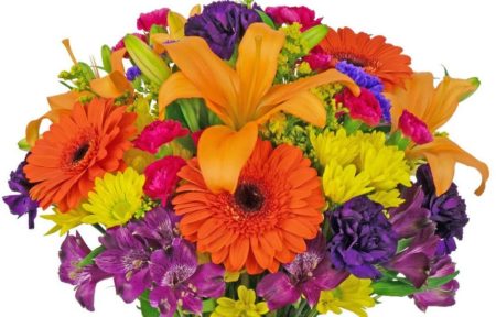 The colors include orange, purple, yellow and hot pink...the flowers, gerber daisies, lilies, carnations, alstroemeria and daisies. The plaid ribbon compliments the flowers and is tied around the square glass vase