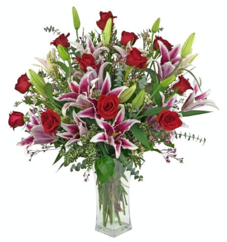  This is a magnificent combination of red Roses and Stargazer Lilies