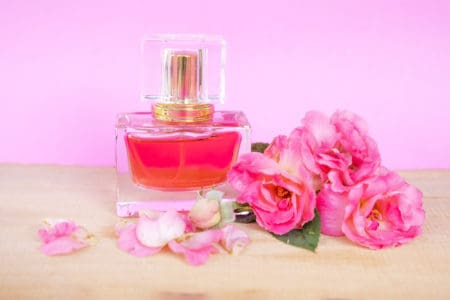 Essential oil, Rose flower, Rose perfume on pink background, spa aromatherapy