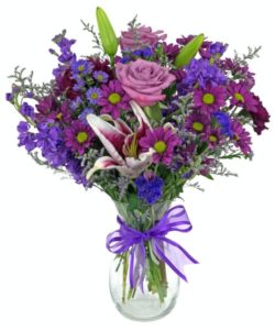 shades of purple, fuschia, and lavender. Moody Blues roses, a stargazer lily, daisies, carnations, stock and more, are arranged in a clear glass vase, with a purple ribbon. This fresh, fragrant bouquet is everything you expect, and so pleasing to the eye! The standard version measures approximately 12" W x 19" H, the deluxe 13" W x 20" H. Evansville metro delivery only.