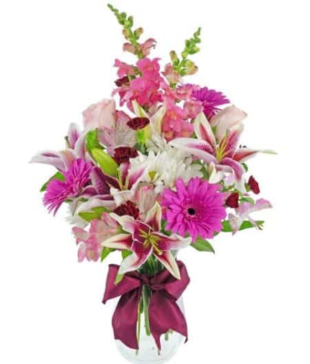 The color pink is often associated with perfect happiness...what a delightful bouquet to receive! Pink and white with burgundy accents: stargazer lilies, roses, gerbera daisies, alstromeria, mini carnations, and daisies, in a clear glass vase tied with a burgundy ribbon. Evansville metro delivery only. Standard version measures approximately 10" W x 14" H, the deluxe version 12" W x 20" H.