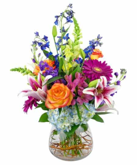 Charming Beauty is overflowing with a variety of colors and flowers. Hydrangea, delphinium, snapdragons, alstromeria, stargazer lilies, stock, gerber daisies, roses and more in a rainbow of colors. The large vase is lined with curly willow and makes an impressive presentation.