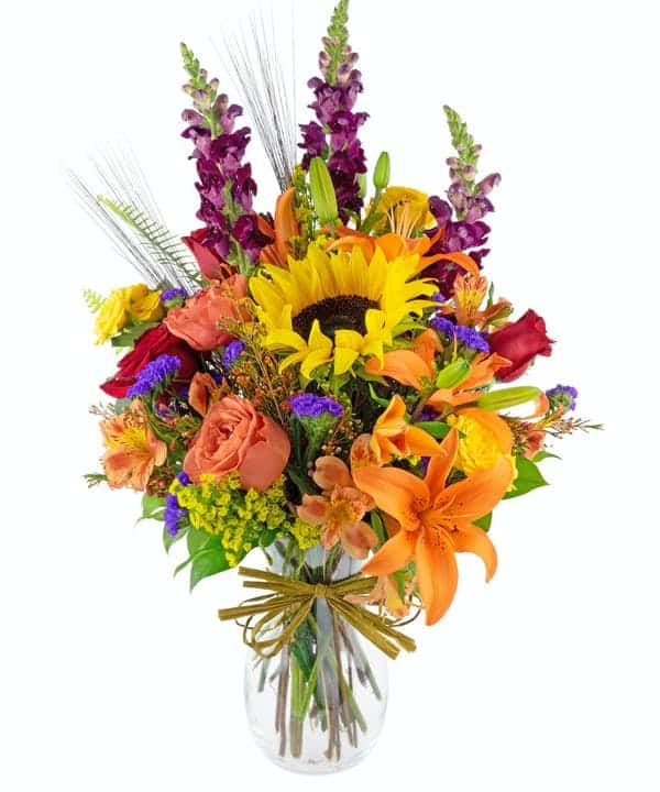 Color, texture...this Autumn bouquet has it all. Red and coral, burgundy, orange, yellow...so many colors and varieties of flowers are included. It's one of a kind, arranged by hand when you place your order. It will be delivered in a clear glass vase, with a natural raffia bow and wheat accents.